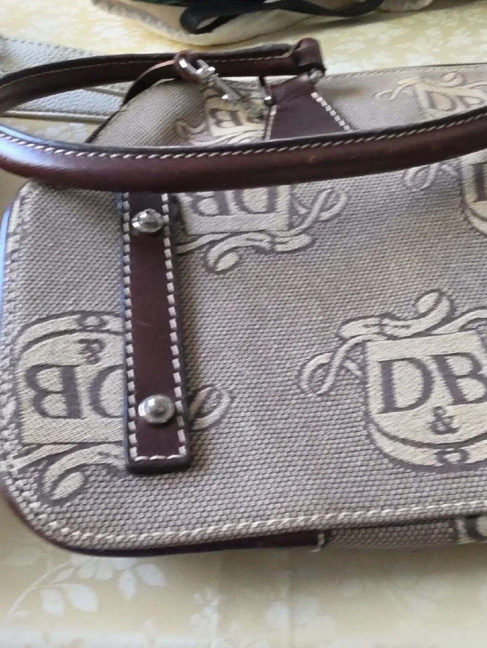 DB Patterned Canvas Satchel with Brown Leather Trim